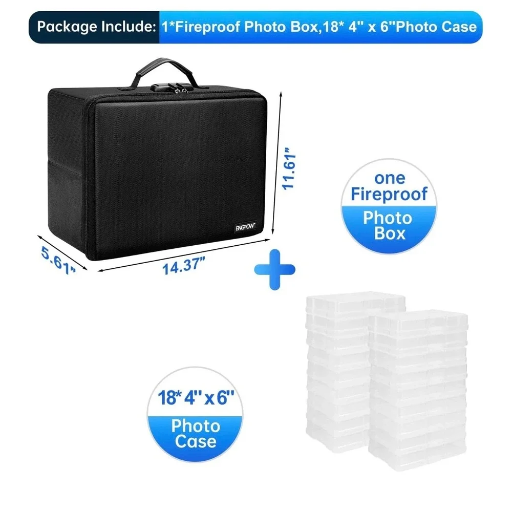 ENGPOW Fireproof Photo Storage Box  18 Cases 4x6 Lockable Water Resistant Bag